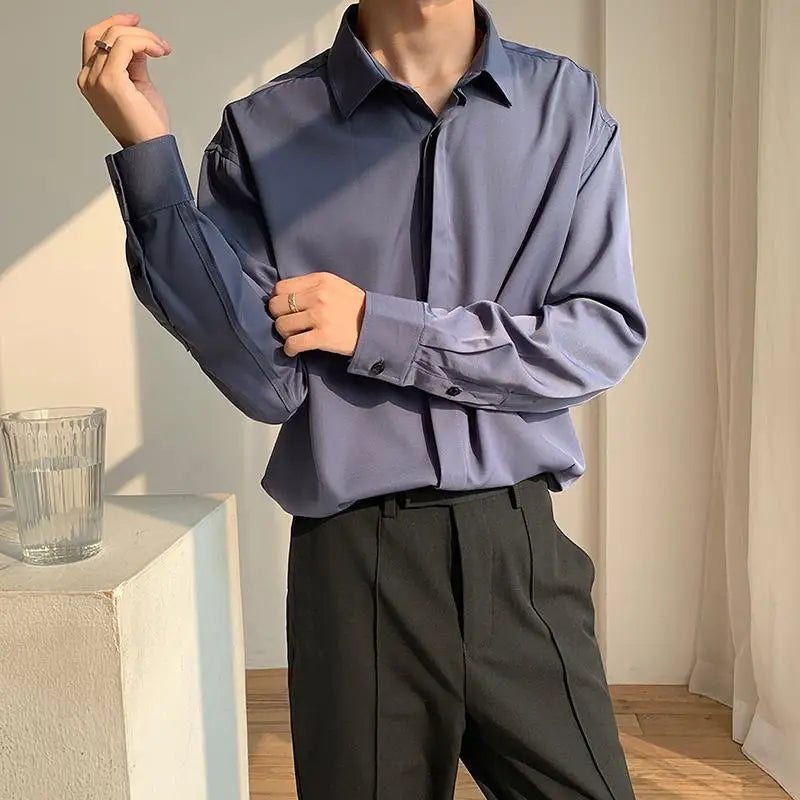 Hearujoy Korean Fashion Spring Lake Blue Men Shirts Luxury Long Sleeve Casual Loose Drape Ice Silk Button Up Shirt Blouse Shirt Men