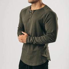 HEARUJOY  -  Fashion New T-Shirt Mens Elastic Henley Grandad Long Sleeve Pullovers Slim Fit Solid Color Undershirt V Neck Tops