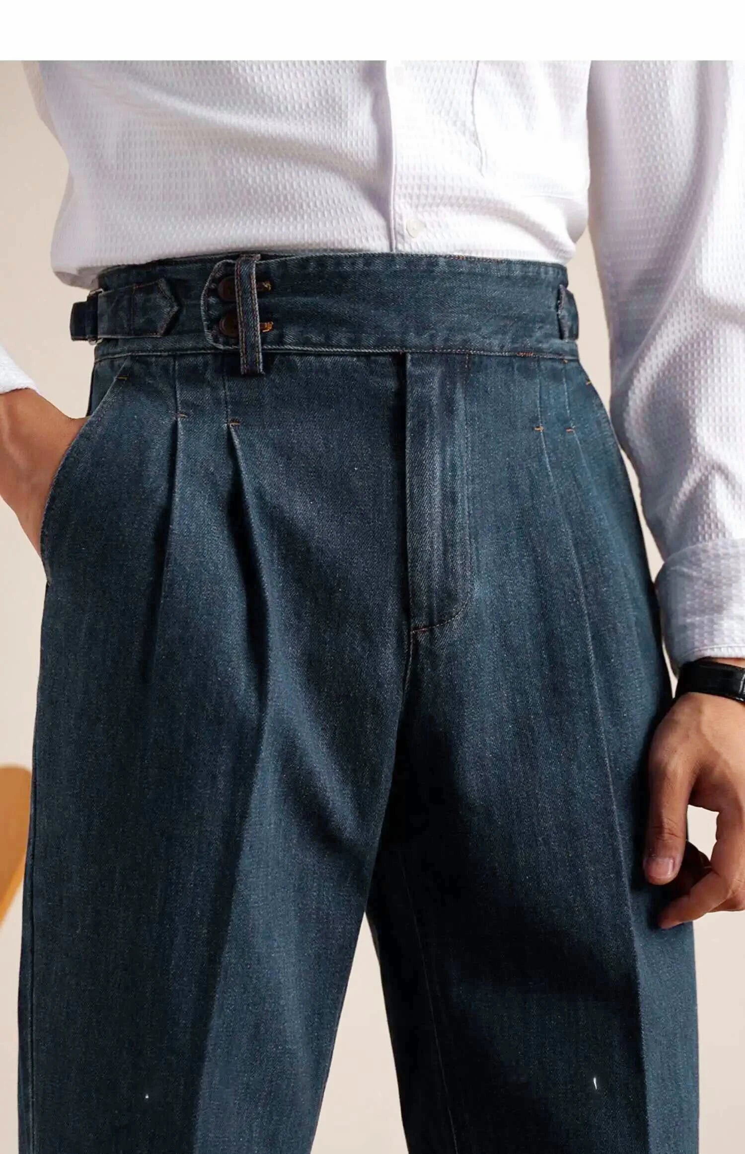 HEARUJOY  -  Naples Loose Washed High Grade Business Pant Men Dress Trouser High Quality Cotton Blend Double Pleated Jeans Straight Leg Pant