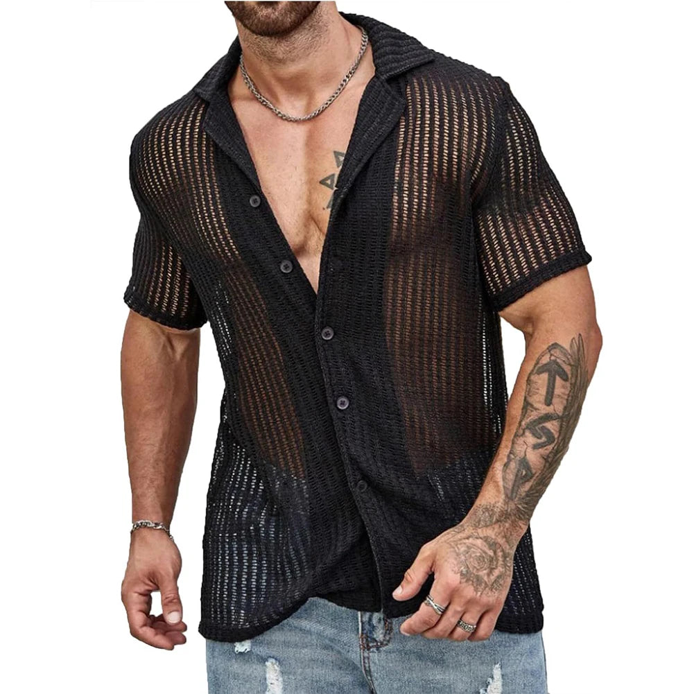 HEARUJOY  -  Top Men\'s Shirt Men's Shirt Fashion Streetwear Tops Hollow Out Knitted Men Sexy Beach Shirts Breathable Hot New