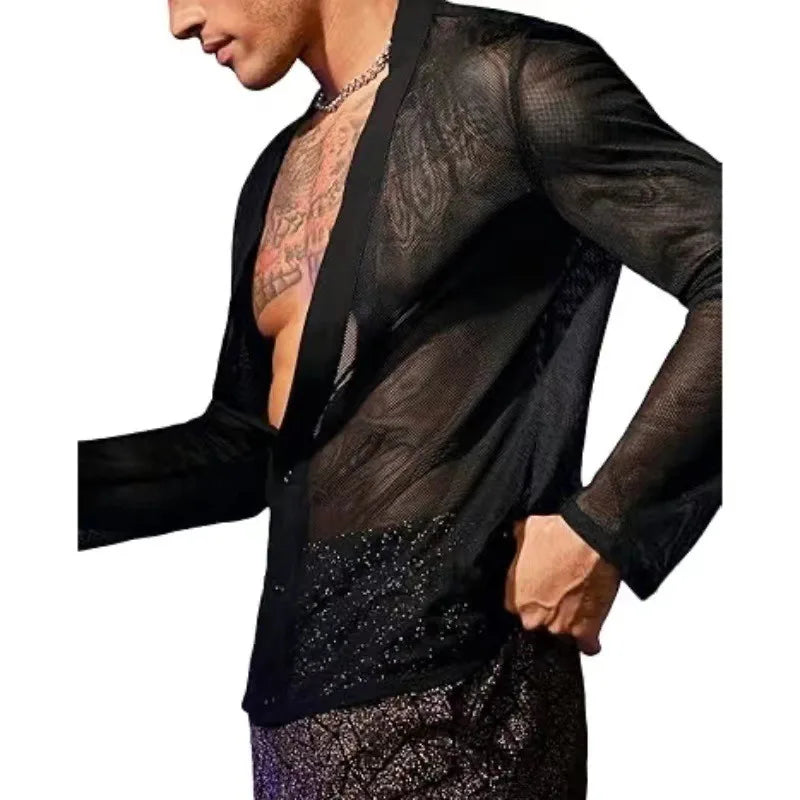 HEARUJOY  -  New Men's Fashion Transparent Mesh Shirt, V-neck Single-breasted Long-sleeved T-shirt, Cardigan Top