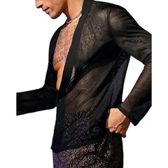 HEARUJOY  -  New Men's Fashion Transparent Mesh Shirt, V-neck Single-breasted Long-sleeved T-shirt, Cardigan Top
