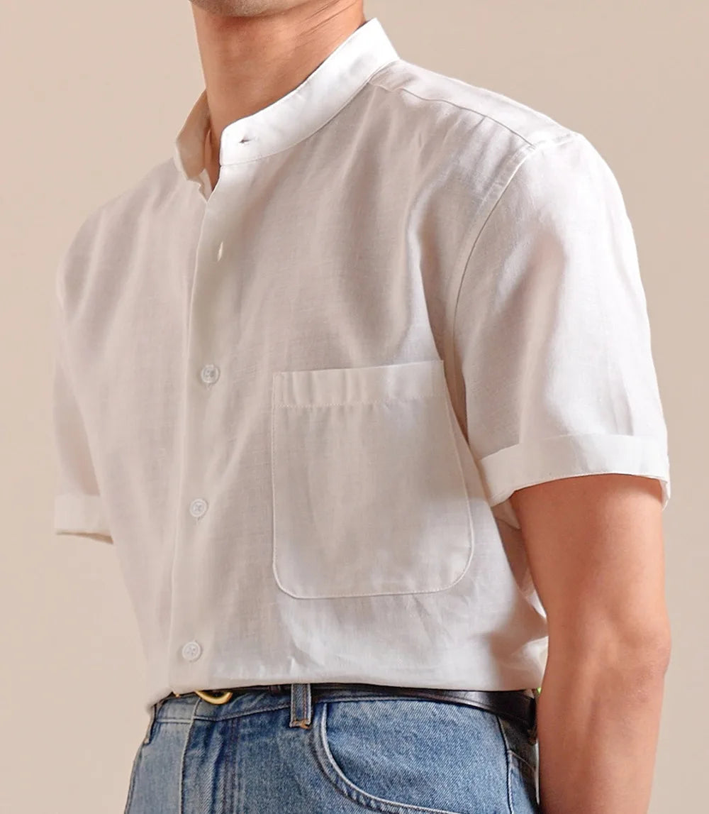 HEARUJOY  -  Natural Linen Cotton Blend Stand Up Collar Shirt Top Quality Men's Short Sleeved Casual Loose Thin Breathable Shirt 3 Colors