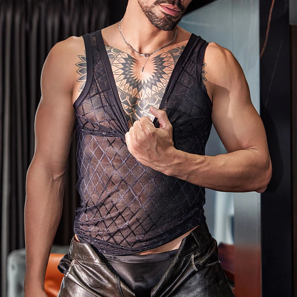HEARUJOY  -  Sleeveless Top Mens Tank Tops Sporty Look Party Outfit Regular Length Elastic Fabric Four Seasons Wear Mesh Design