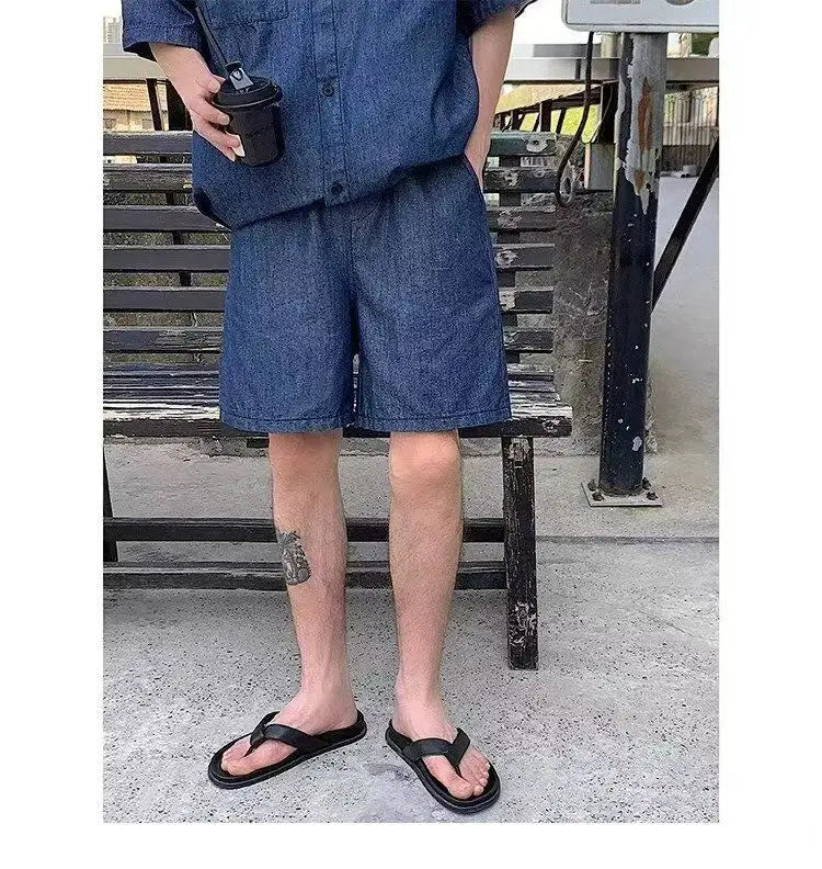 HEARUJOY  -  Summer Men set Retro Trendy Brand Hong Kong-style Denim Short-sleeved Shirts Shorts Casual Sportswear Men Cool Loose suit