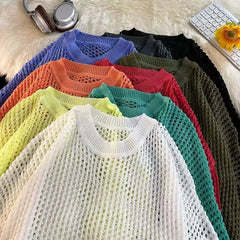 HEARUJOY  -  Hollow Hole Men Women knitted Tshirts High Street Fashion Loose Long Sleeved Top Autumn Sexy Mesh Knit Sweater Pullover Unisex