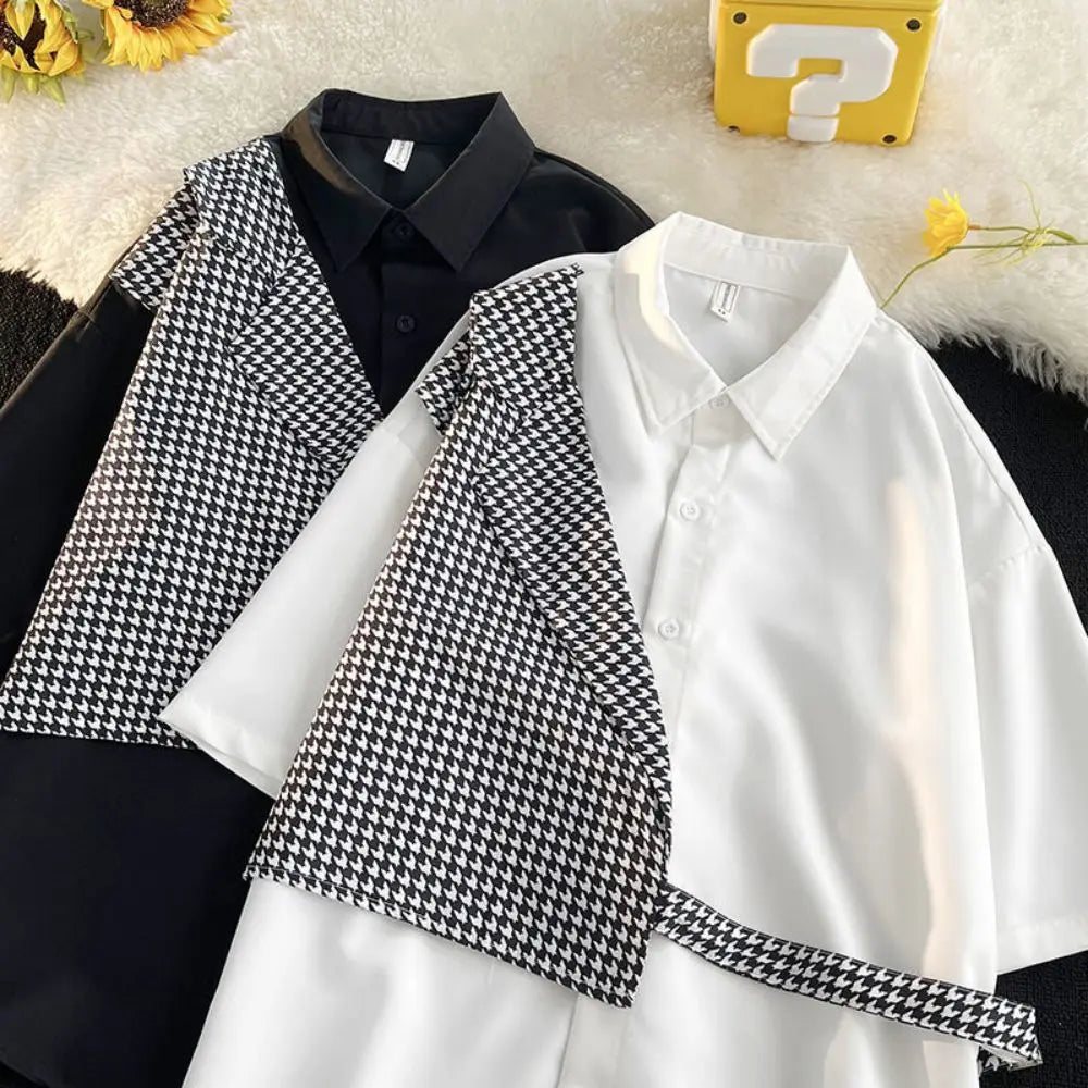 Hearujoy Summer Blouse Mens Short Sleeve Lapel Chain Patchwpork Contrast Color Loose Shirts Fashion Casual Irregular Fake Two-Piece Shirt