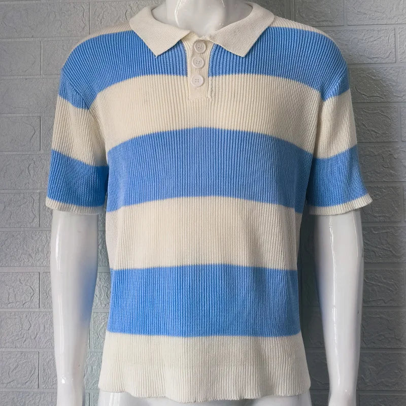 HEARUJOY  -  Men's New Polo Shirt Color Striped Short-sleeved Lapel Casual Sweater Top