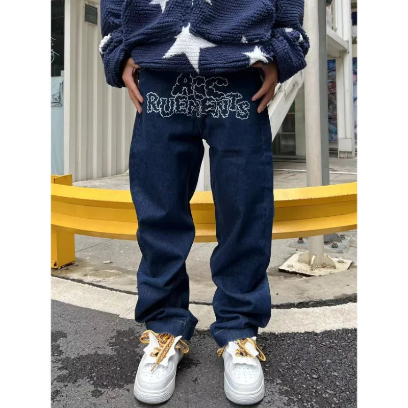 Hearujoy Y2k letter star print jeans women's original atmosphere American style zipper high waist hip-hop loose retro straight-leg pants