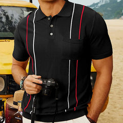 Hearujoy Summer Clothing Men's Luxury Knitted Polo Shirt Patchwork Casual Striped Button-down Solid Color Short Sleeve Fashion Knitwear