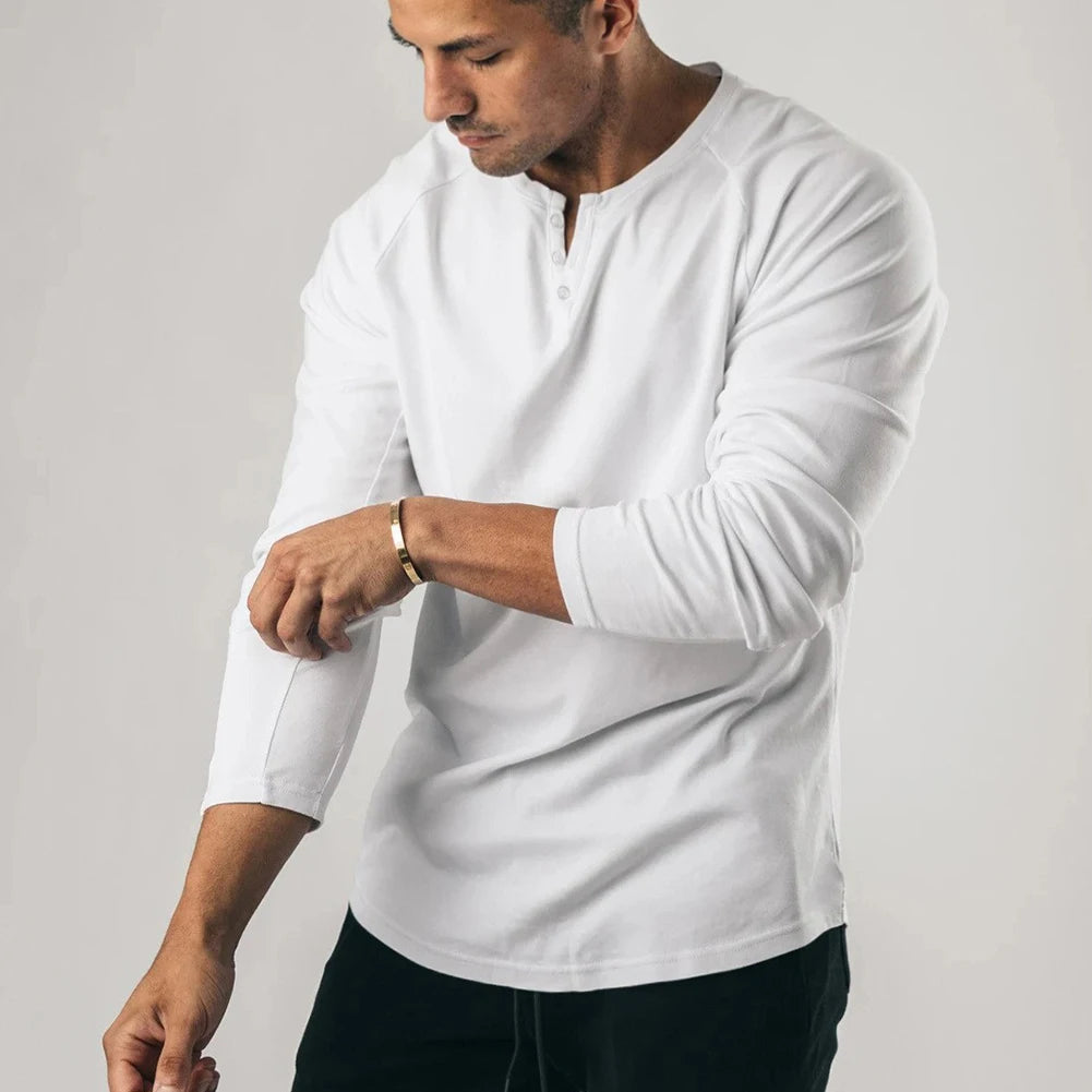 HEARUJOY  -  Fashion New T-Shirt Mens Elastic Henley Grandad Long Sleeve Pullovers Slim Fit Solid Color Undershirt V Neck Tops