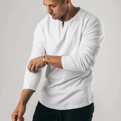 HEARUJOY  -  Fashion New T-Shirt Mens Elastic Henley Grandad Long Sleeve Pullovers Slim Fit Solid Color Undershirt V Neck Tops