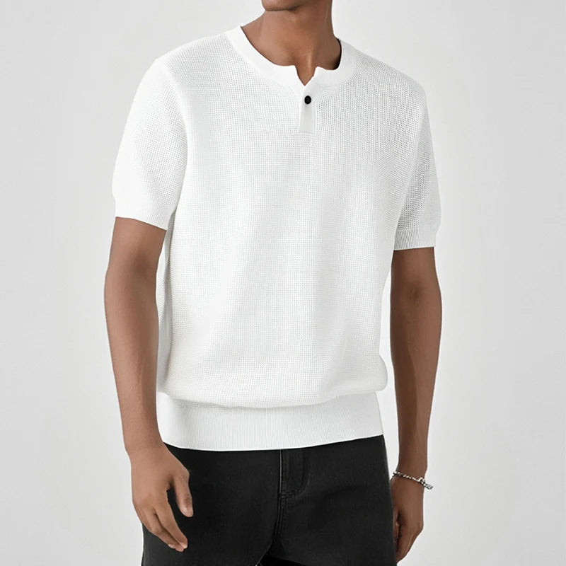 HEARUJOY  -  Vintage Men's Henley Neck Knit T Shirts Summer Casual Breathable Slim Fit Elastic Knitted Tee Men Fashion Short Sleeve Pullovers
