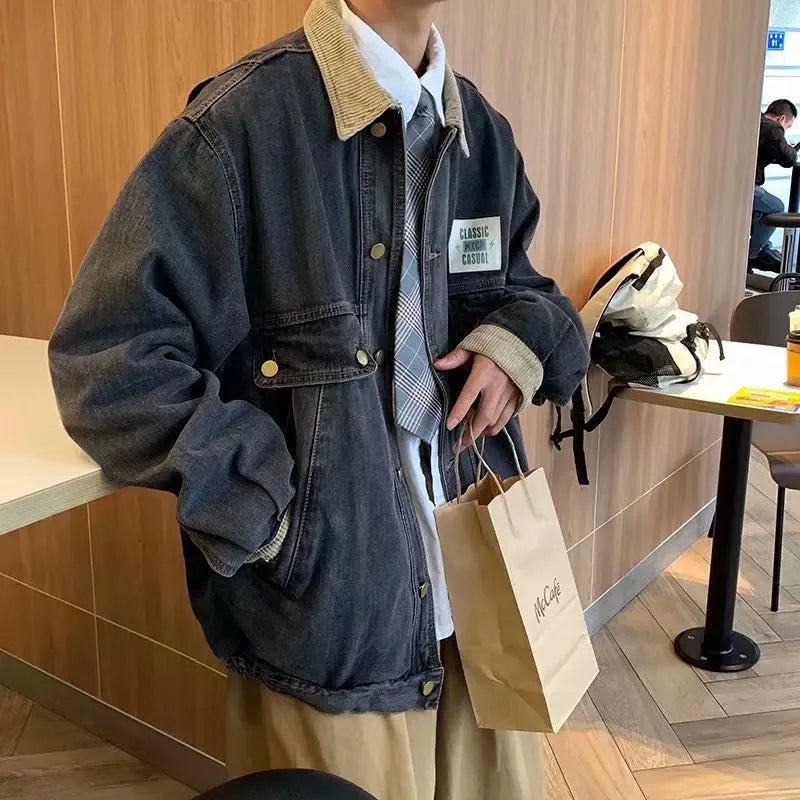 HEARUJOY  -  Retro Lapel Denim Jacket Men Jean Jackets Streetwear Turn Down Collar Denim Coats Cotton Casual Black Blue Coats Man Clothing