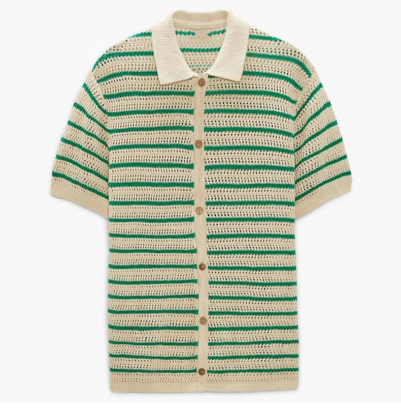 HEARUJOY  -  Men Luxury Hollow Knitwear Polo Shirt Short Sleeve Casual Streetwear Button Down Breathable Striped Contrast Knit Cardigan Tops