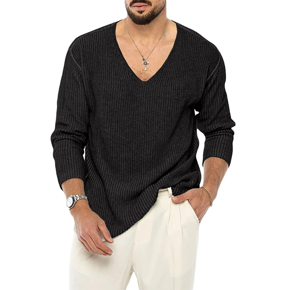 HEARUJOY  -  Autumn And Winter New Men's Solid Color V-Neck Long-Sleeved Sweater Fashion Trend Simple Casual Loose Breathable Men's Tops