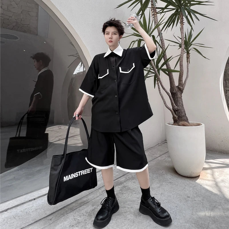 Hearujoy Fashion Korean Spring New Casual Solid Color Male Set Spliced Contrast Lapel Short Sleeve Men's Short Pants 2-piece set