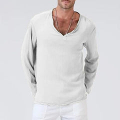 HEARUJOY  -  Spring New Men's Cotton and Linen Solid Color V-neck Casual Retro Loose Large Size Long Sleeve T-shirt Shirt