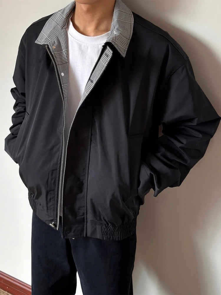 HEARUJOY  -  Streetwear Vintage Plaid Patchwork Jackets Mens Fashion Long Sleeve Zip-up Jacket Coat Men 2025 Autumn Daily Casual Lapel Coats