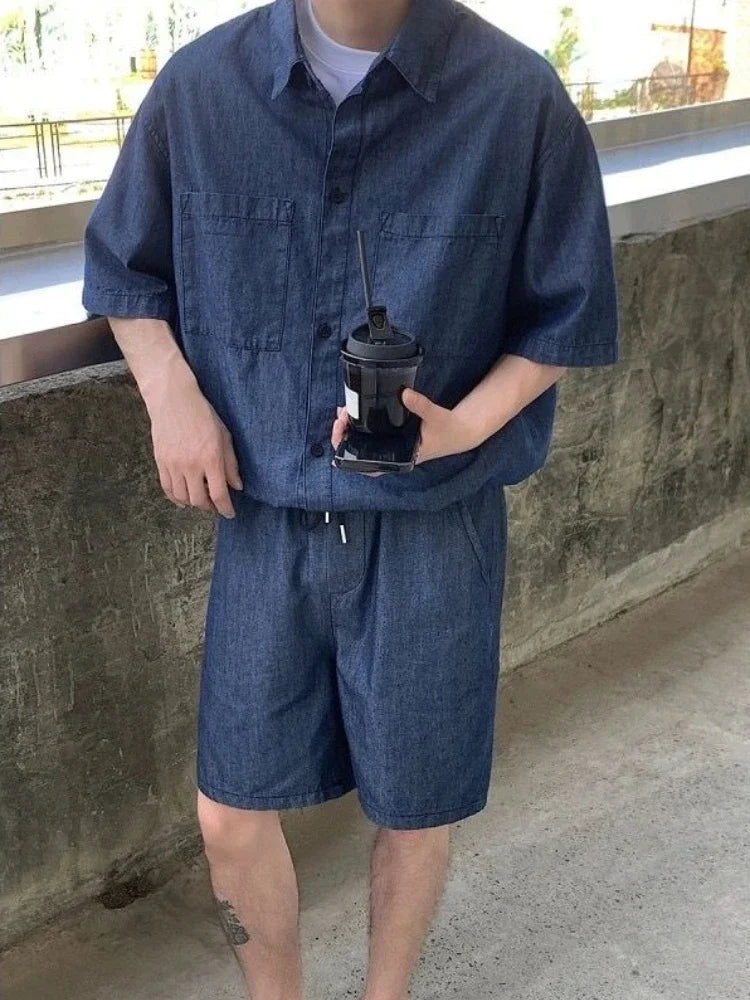 HEARUJOY  -  Japanese Man Sets Work Clothes Loose Cool Two-piece Set New in Matching Elastic Baggy Korean Stylish Shirts Shorts Suits for Men