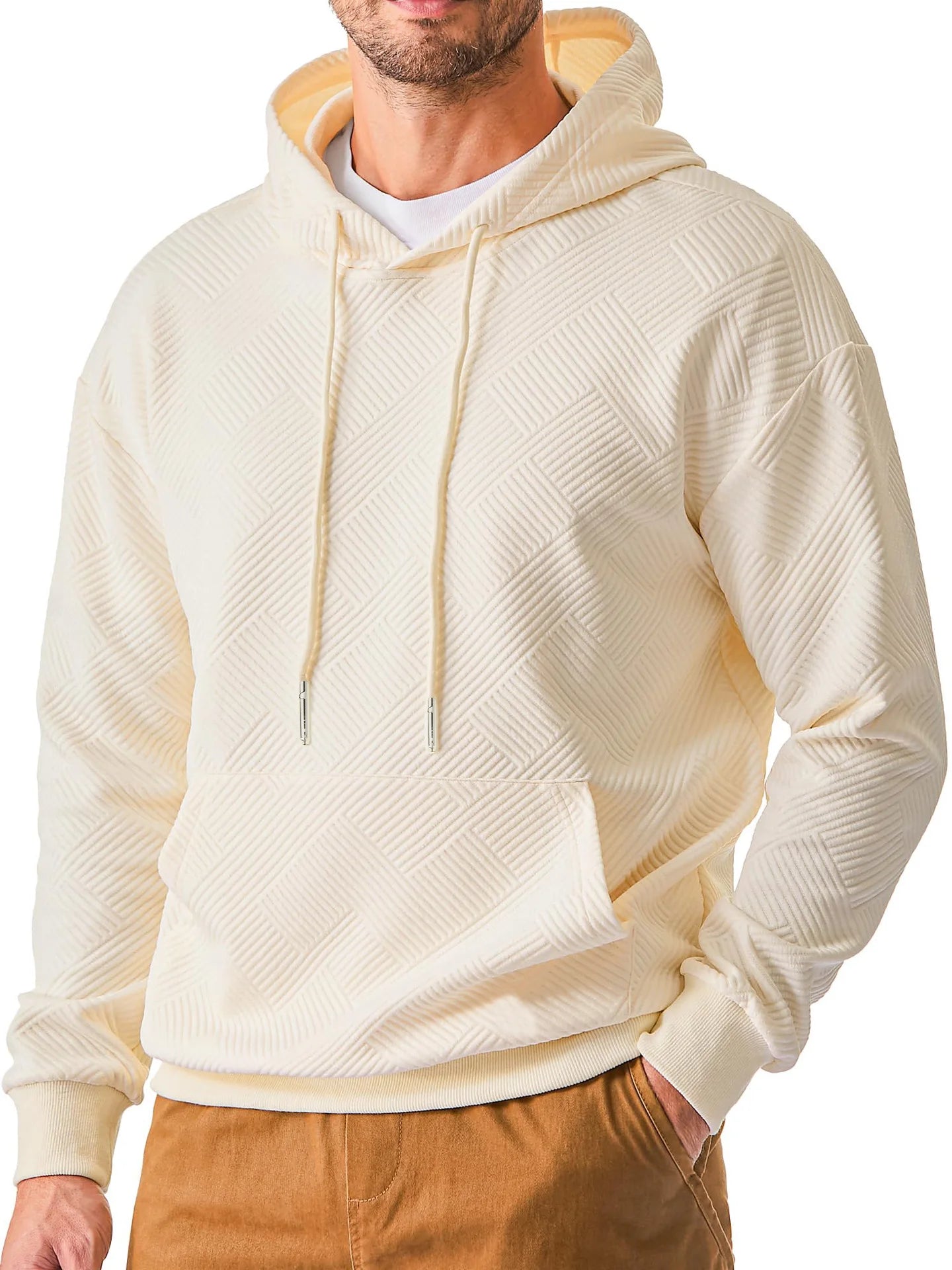 HEARUJOY  -  Solid Color Texture Hoodie For Men American Heavyweight Long Sleeve Hooded Sweatshirt Spring Autumn Loose Casual Pullover Tops