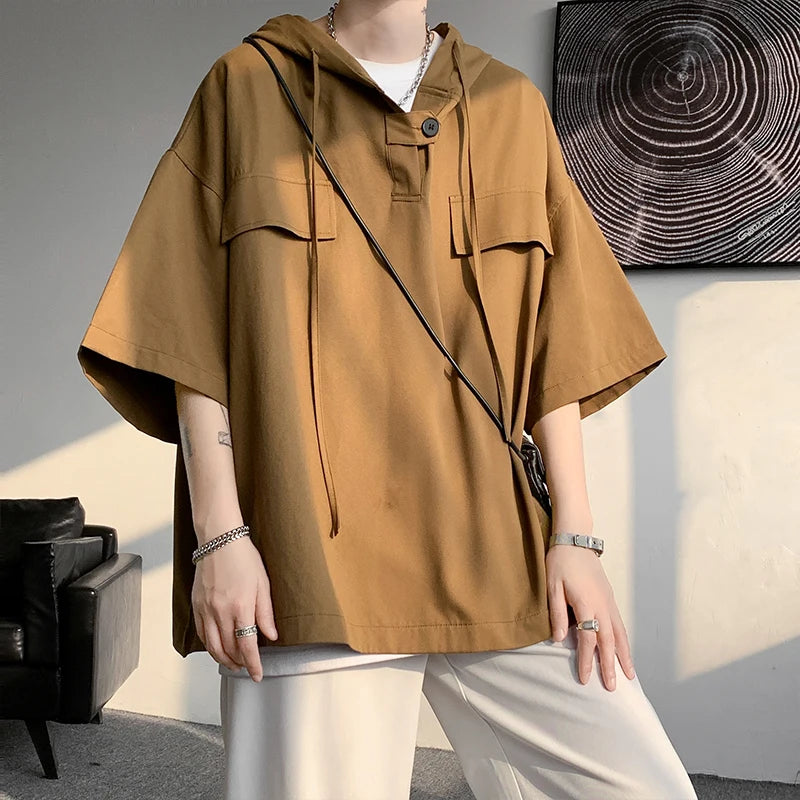 Hearujoy Summer Hooded T shirt Men 2024 fashion Korean Half Sleeve Pullover Streetwear Loose T-shirt Tops Drawstring Men Clothing 5XL-M