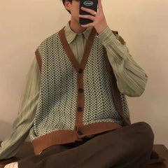 HEARUJOY  -  Men's Knitted Cardigan Sweater Vest Japanese Retro Fashion Trend Street Casual Loose Simple Breathable Niche New Men's Tops