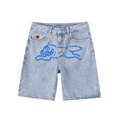 Hearujoy Summer New Fly Dog Hip Hop Graphic Printed Denim Shorts Mens Wide Leg Baggy Jeans Y2k Streetwear Fashion Knee Length Pants Jorts