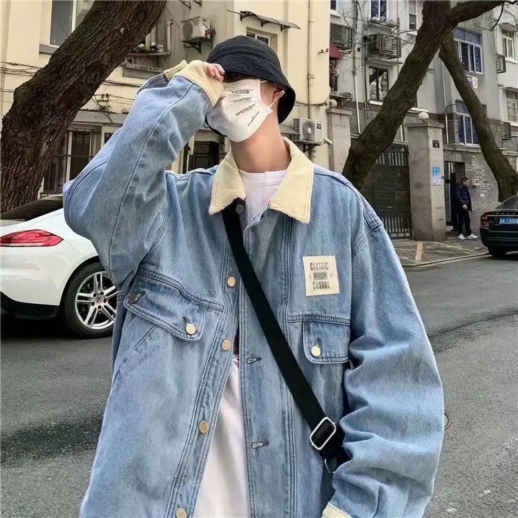 HEARUJOY  -  Retro Lapel Denim Jacket Men Jean Jackets Streetwear Turn Down Collar Denim Coats Cotton Casual Black Blue Coats Man Clothing