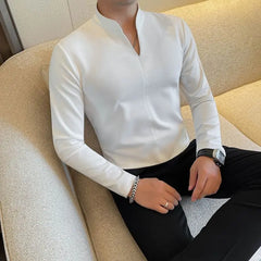 HEARUJOY  -  New Chinese Solid Color Slim and Simple Men's T-shirt Stand Collar Elastic Casual V-neck T Base Shirt