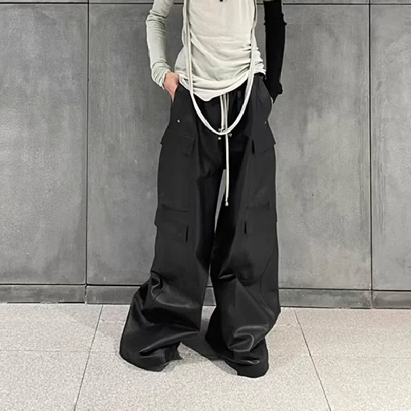 Hearujoy Matte PU Leather Pants for Men High Street Y2k Pantalones Hombre Baggy Overall Wide Leg Drawstring Cargo Pants