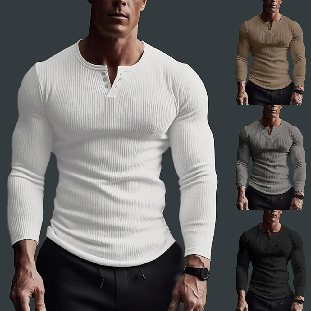HEARUJOY  -  Tops Men T-Shirt Black/White/Grey Autumn/Winter Fitness Shirts High Elasticity Large Size Long Sleeve Solid Color Hot Sale