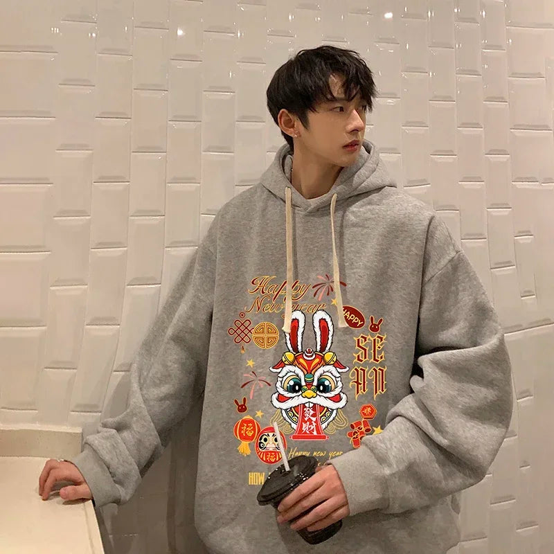 HEARUJOY  -  Men's Oversized Hoodie Off White Rabbit Print Hoodies with Hat Over Size for Men 5XL Man Hoody Casual Wear Male Sweatshirt