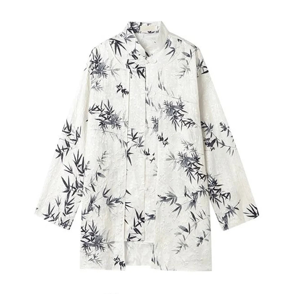 HEARUJOY  -  New Autumn And Winter Chinese Style Stand-Up Collar Button Bamboo Shirt Unisex Fashion Casual Loose Printed Long-Sleeved Shirt