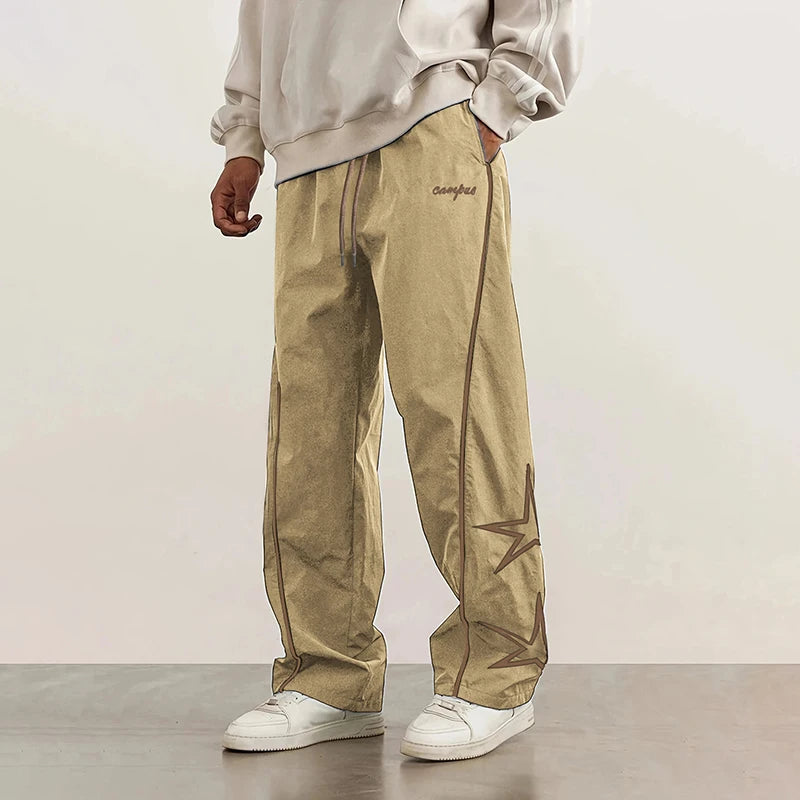 HEARUJOY  -  American Casual Baggy Pants Men Cargo Trousers High Street Drawstring Workwear Trendy Loose Versatile Straight Wide-Leg Pants