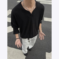 HEARUJOY  -  Spring Long Sleeved T-shirt Men Oversized Casual V-neck T Shirt Men Streetwear Korean Loose Pleated T Shirt Mens Top M-3XL