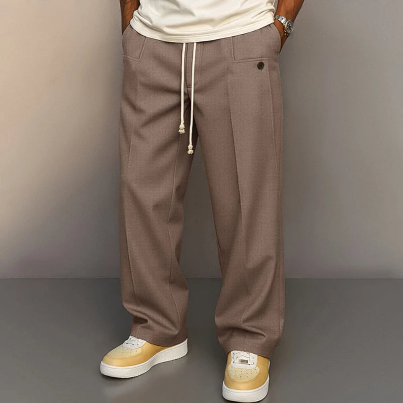 HEARUJOY  -  Fashionable Mens Solid Color Trousers Spring Autumn Streetwear Casual Drawstring Pants Men Stylish Loose Straight Trousers