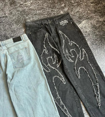 Hearujoy High Waisted Y2k Baggy Jeans Women Raw Edge Pattern Hip Hop Punk Denim Trousers Slouchy Retro Straight Wide Leg Pants Streetwear