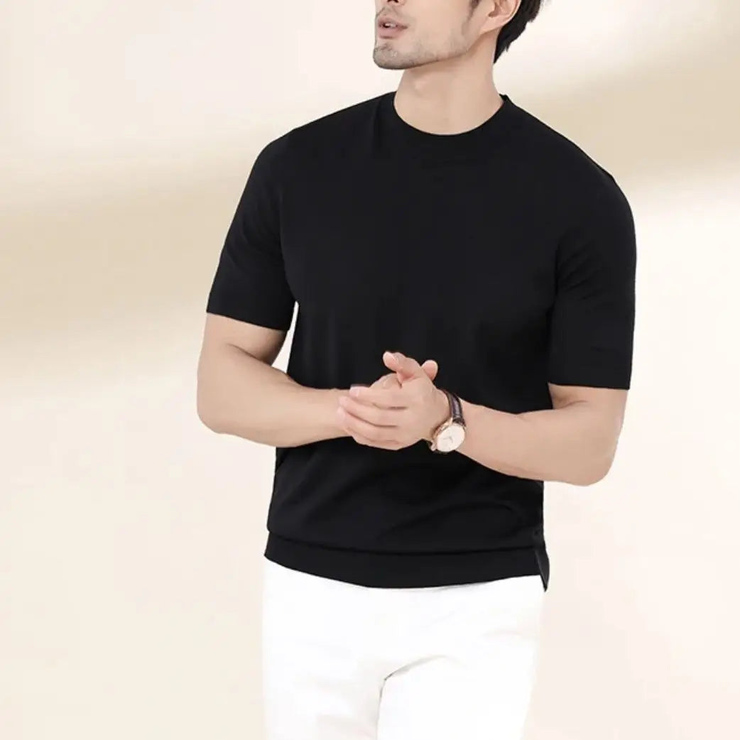 HEARUJOY  -  New Summer Men Knitted Short-sleeved T-shirt Slim Fit and Slim Solid Color Breathable Knitted Fabric Pullover