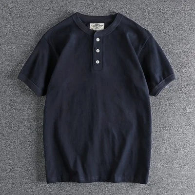 HEARUJOY  -  Tough Guy Style Heavyweight Wash Cotton Henry Neck Short Sleeve T-shirt Men's Summer Personalized Versatile Tops Tee Sold Color