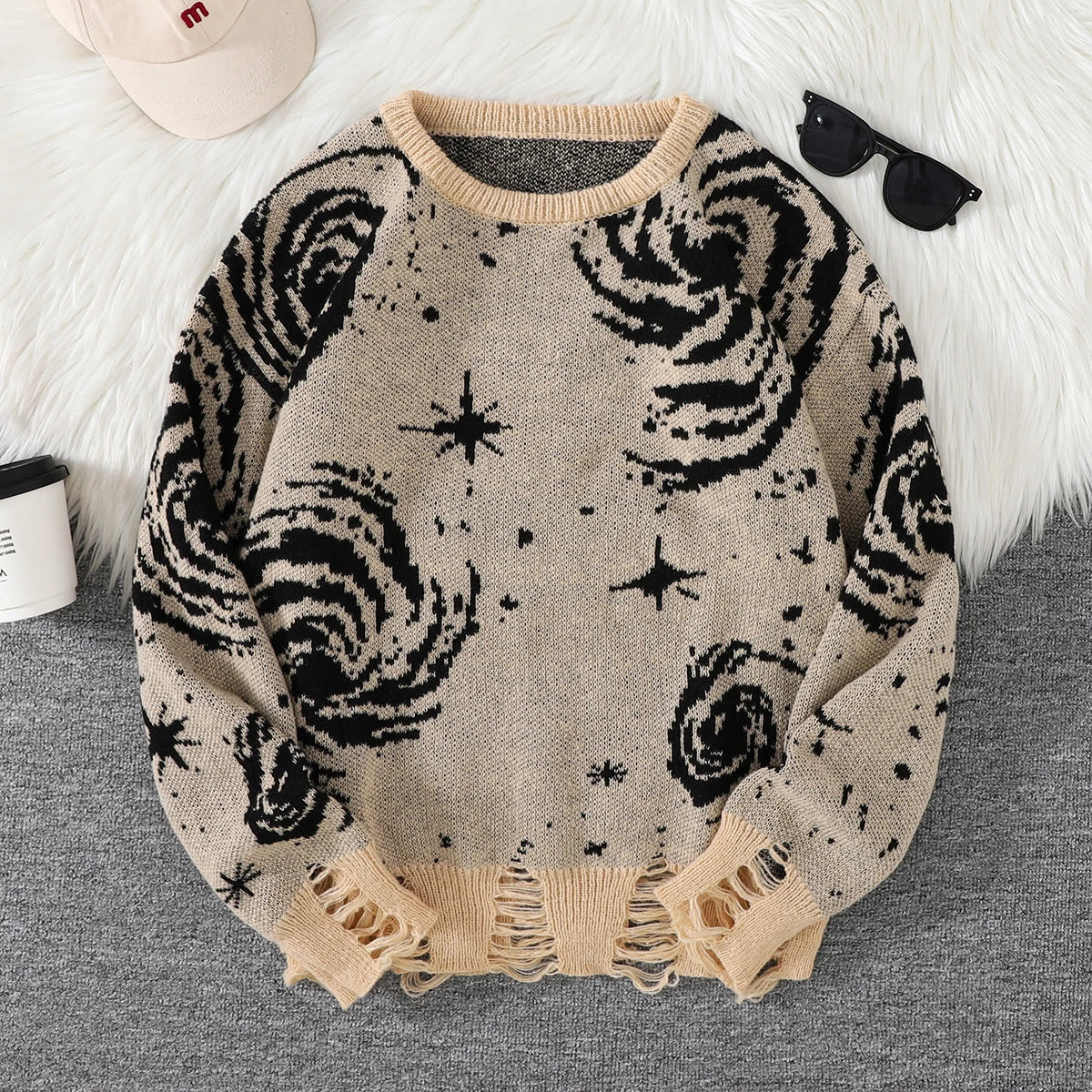 HEARUJOY  -  New Popular Street Ripped Abstract Starry Sky Pattern Pullover Ripped Sweater Casual Round Neck Knitted Men's Pullover
