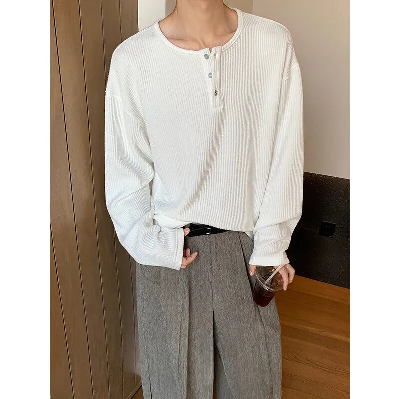 HEARUJOY  -  Spring Long Sleeved T-shirt Men Fashion Button White Casual T Shirt Men Streetwear Korean Loose Pleated T Shirt Mens Top M-2XL