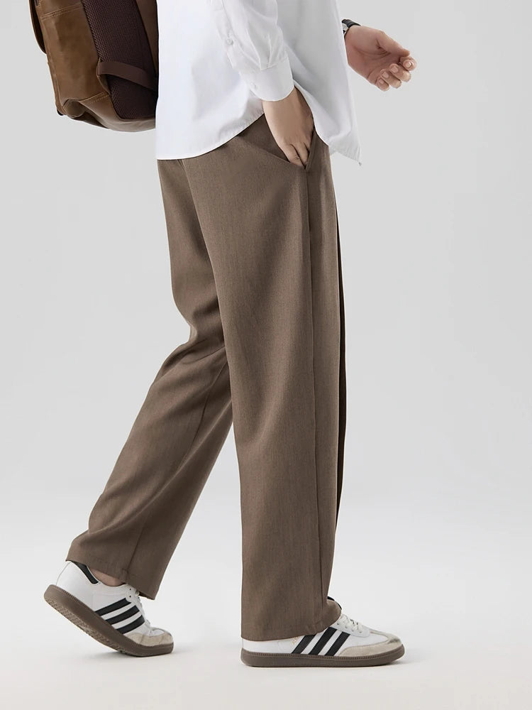 HEARUJOY  -  New Korean Men's Casual Pants Banded Waist Stretch Semi-Wide Pleated Suit Slacks Straight Loose Draped Trousers