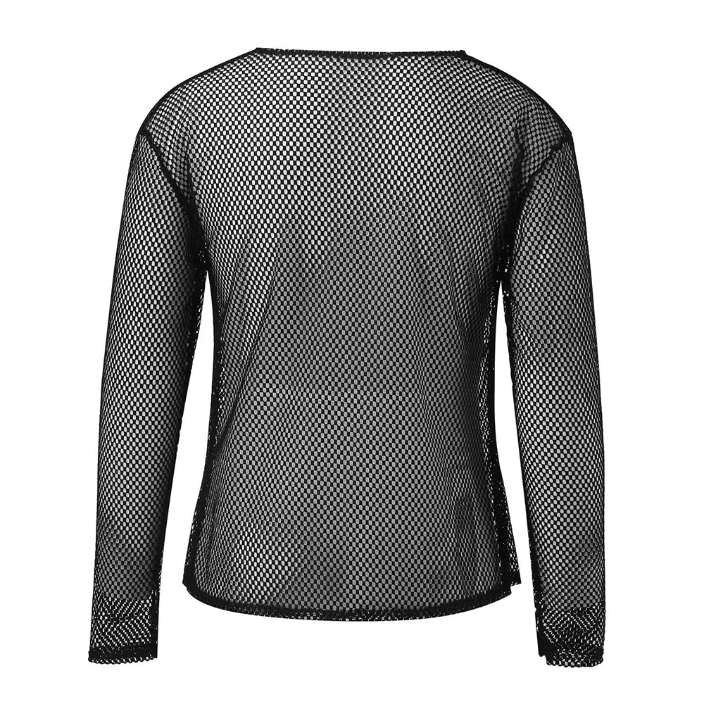 Hearujoy Mens Sexy See-Through Mesh Long-Sleeved Top 2024 New Genderless Nightclub Individuality Youthful Thin Low-Cut T-Shirt Unisex