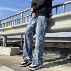 Hearujoy Printed Jeans 2024 Spring Korean Style Mens New Floral Denim Pant High Street Loose Straight Couples Trousers baggy hosen herren