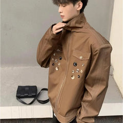 HEARUJOY  -  Spring Retro Irregular Button Mens Jacket Shoulder Pad Design Trend High Street Coats Motorcycle Fashion Stand Collar Outwear