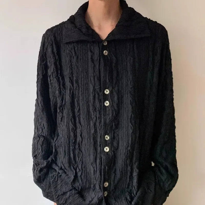 HEARUJOY  -  Men's French Style Vintage Pleated Textured High Collar Button Up Shirt Spring Autumn Y2K Harajuku Solid Long Sleeve Loose Tops