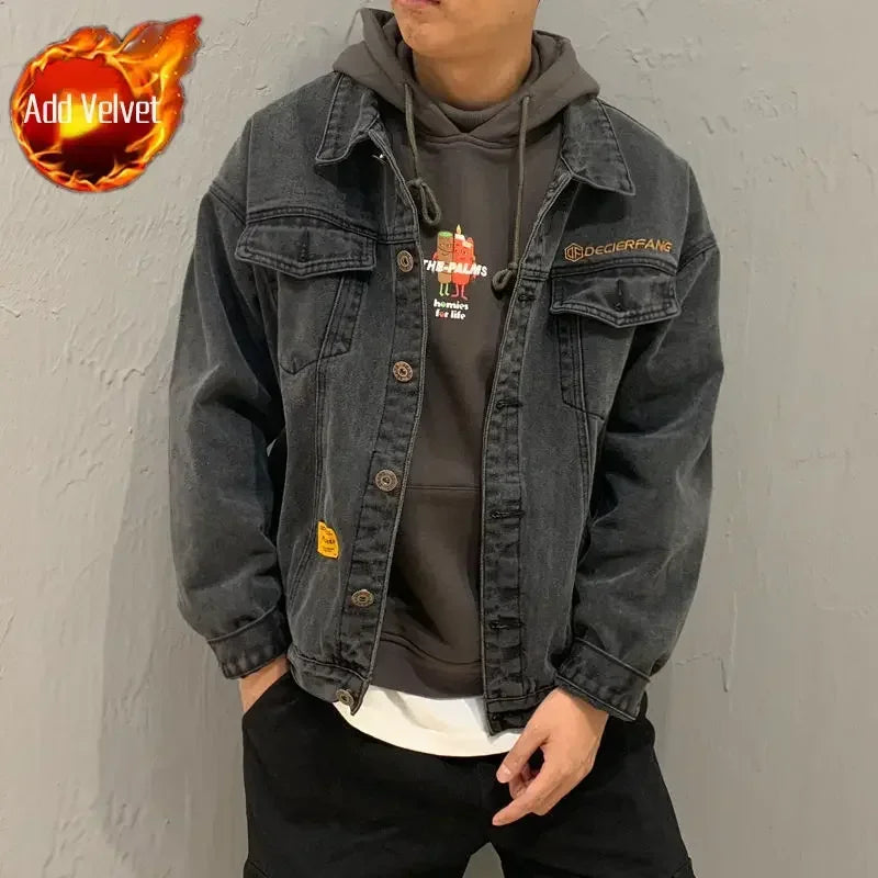 HEARUJOY  -  Black Padding with Embroidery Jeans Coat for Men Warm Wool Sheep Denim Jackets Man Padded Blue Washed Worn One Piece G Casual