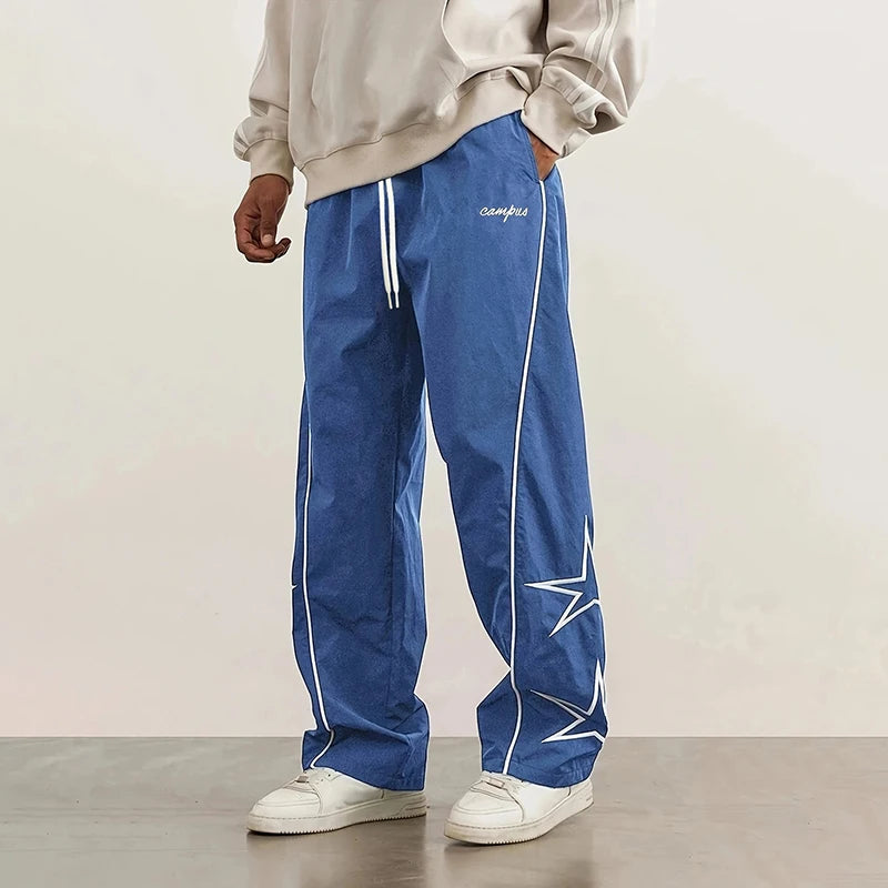 HEARUJOY  -  American Casual Baggy Pants Men Cargo Trousers High Street Drawstring Workwear Trendy Loose Versatile Straight Wide-Leg Pants