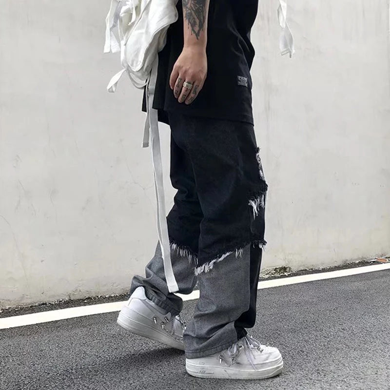 HEARUJOY  -  Mens Jeans Pants With Hole Casual Vintage Straight Leg Korean Fashion Streetwear Harajuku Trousers